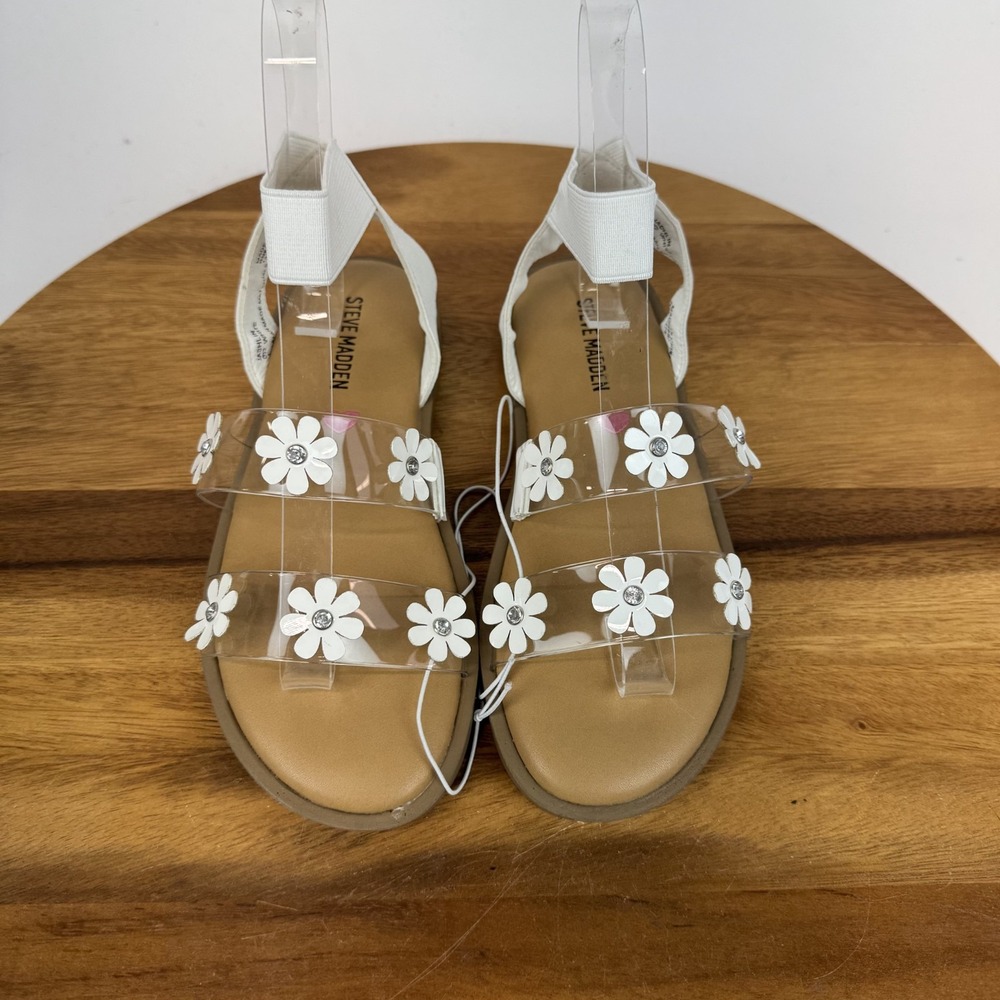 New Big Kids Steve Madden Jashlin White Strappy Flower Casual Sandals Size 1 Y